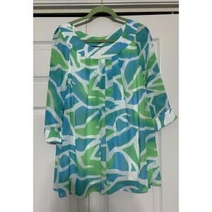 Dana Kay Lightweight Flowy Career Tunic Top Blouse Sz 16 Blue & Green Pleated